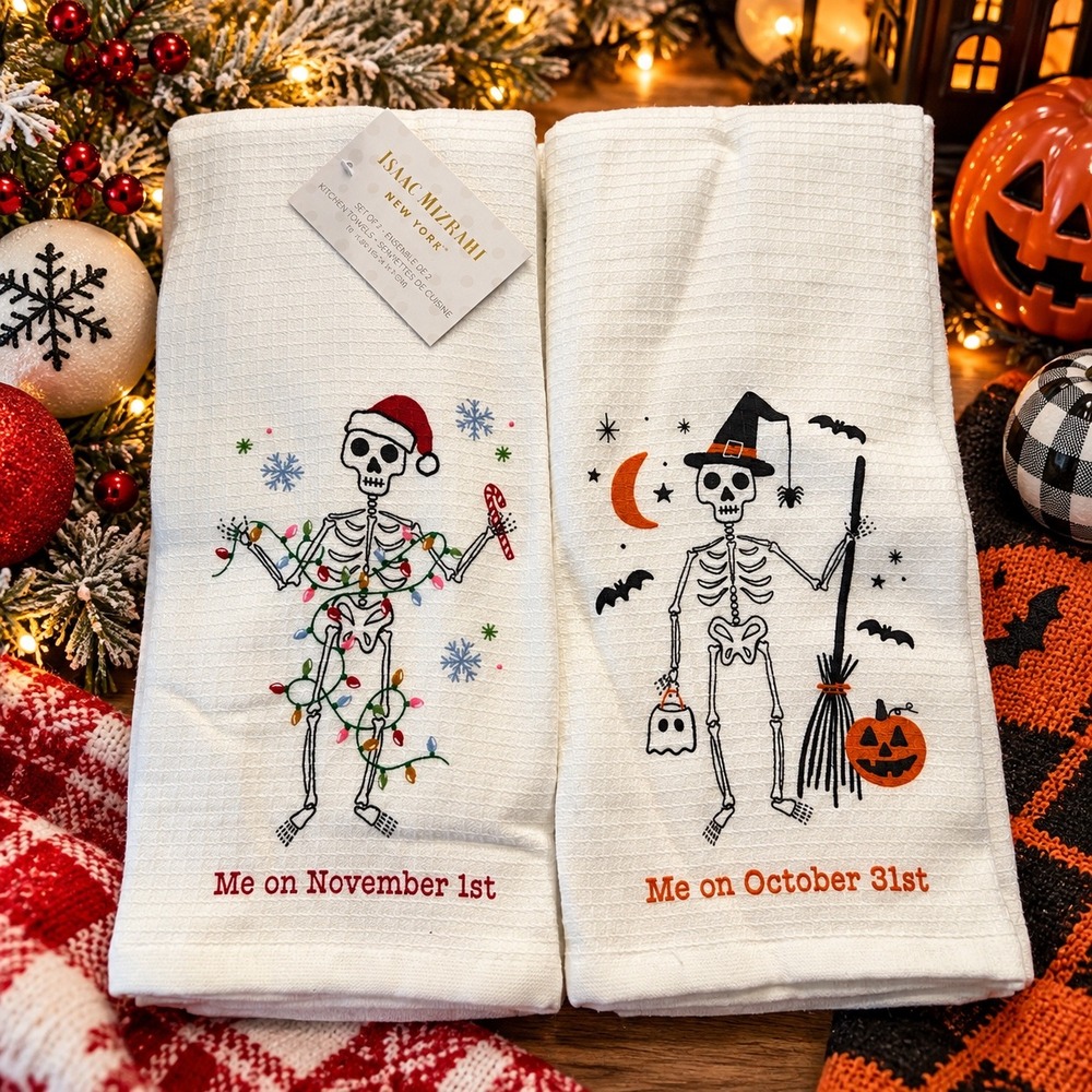Isaac Mizrahi Funny Halloween Christmas Skeleton Kitchen Towels Set of 2 Waffle